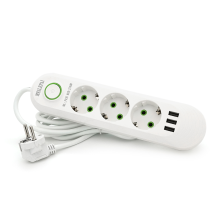 Мережевий фільтр F03U, 3 розетки EU + 3 USB, 1.5 м, перетин 3х0, 75мм, 2500W, White, Bag