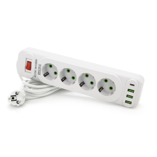 Мережевий фільтр  F24U, 4 розетки EU+3 USB+PD, кнопка включення з індикатором, 2 м, 3х0,75мм, 2500W, White, Box 