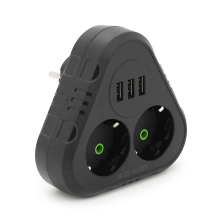 Розетка трійник із заземленням F202-Black, 2 розетки+3USB(1А), 2500W, 10A, 110-250V~Max, Blister