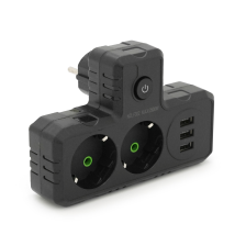 Розетка трійник   Т-подібний із заземленням F302-Black, 2 розетки+3USB(1А), 2500W, 10A, 110-250V~Max, 
