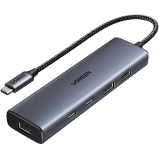 Концентратор Type-C -> 1xUSB-A 3.2/ 1xUSB-A 2.0/2xUSB-C 3.2/ RJ45 PD CM512 сірий UGREEN