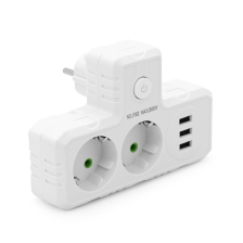 Розетка трійник   Т-подібний із заземленням F302-White, 2 розетки+3USB(1А), 2500W, 10A, 110-250V~Max, 