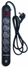 Мережевий фільтр PATRON 3m (SP-53) + 2 USB 2.0, 2.1A, 5 розеток BLACK, 0.75мм, 10А