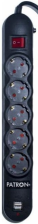 Фільтр мережевий PATRON 1.8m (SP-52) + 2 USB 2.0, 2.1A, 5 розеток BLACK, 0.75мм, 10А